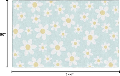 Flagship Carpets Schoolgirl Style White Daisies on Blue Educational Area Rug for Kids Room Seating Décor, Children's Classroom, Play Carpet for Teaching and Playroom, 7'6" x 12'