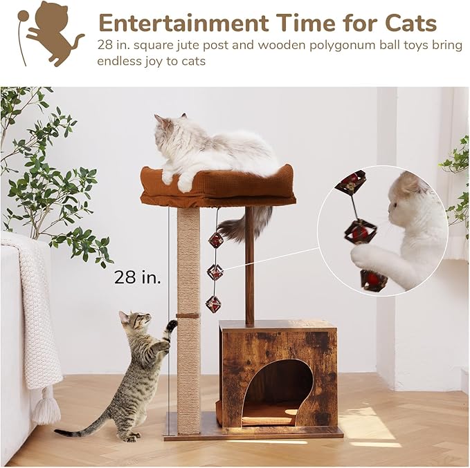 FUKUMARU Cat Scratching Post, Modern Style Cat Tree with Unique Square Post, Wooden Cat Tower with silvervine Balls, Retro Cat Condo Scratcher for Indoor Cats（Solid Wood）-Mewly Pet