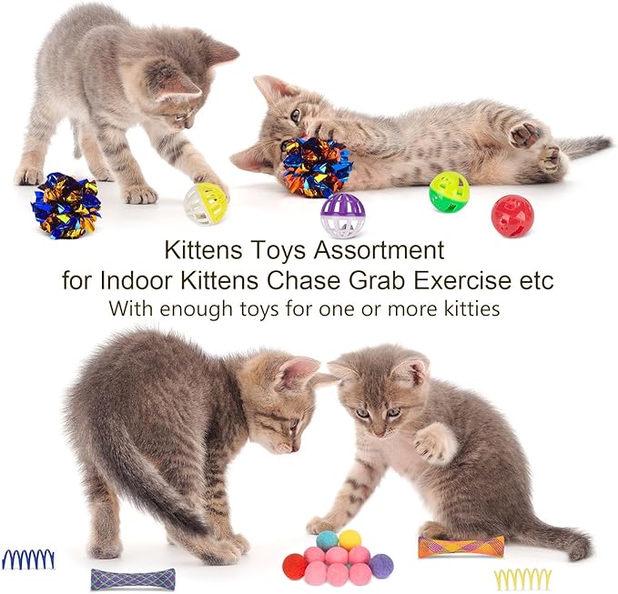 Retro Shaw Cat Toys Kitten Toys, Interactive Cat Tunnels Toy for Indoor Cats Kitty, Kitten Tube Tent Feather Wand Teaser Bell Fuzzy Ball Springs Mouse (33 Pcs Large Cat Tunnel Toys Set)-Mewly Pet