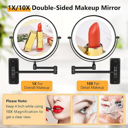 DECLUTTR Rechargeable Wall Mounted Lighted Makeup Mirror, 8 inch 10X Magnifying Mirror with 3 Color Lights, Dimmable Touch Screen Makeup Mirror with Lights for Bathroom, Black