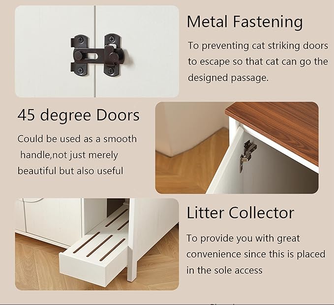 Cat-Faced Doors Cat Litter Robot Enclosure,Automatic Litter Box Enclosure for Litter Robot 3/4,Power Outlet for cat Litter Cabinet,Litter Collector,Dog-Proof Shelf,Antique White-Mewly Pet