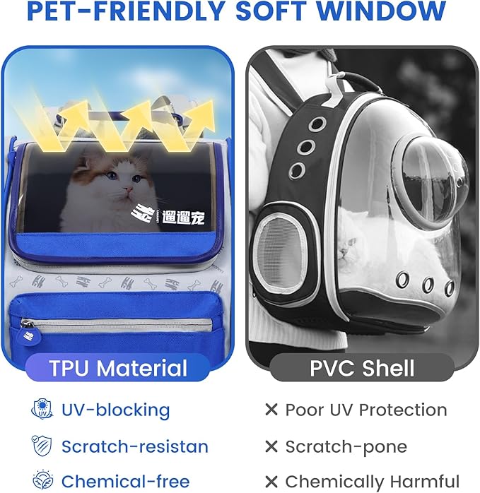 Cat and Dog Backpack Carrier, Foldable Breathable Pet Carrier Backpack with Mesh Ventilation, Large Portable Outing Traveling Pet Bag for Small, Medium Cats, Small Dogs, Blue-Mewly Pet