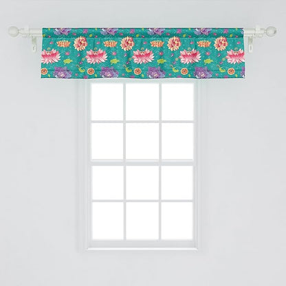 Ambesonne Floral Window Valance, Pattern with Lotus Flowers Peonies and Chrysanthemums Oriental Motifs Garden Art, Curtain Valance for Kitchen Bedroom Decor with Rod Pocket, 42" x 12", Teal