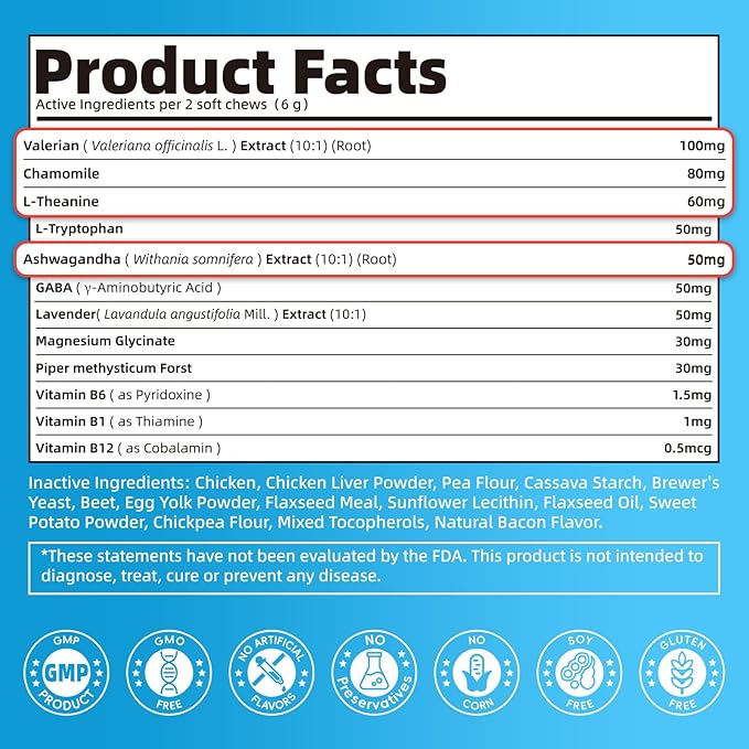 Calming Chews for Dogs – Calming Treats for Anxiety, Stress, Separation, Travel&Thunder, Relaxation & Focus Support with L-Theanine, Valerian Root, Chamomile & Ashwagandha, Bacon Flavor, 90Ct-Mewly Pet