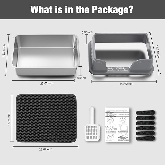 Suhaco Extra Large Stainless Steel Litter Box with Lid XXXL High Sided Cat Litter Boxes Included Litter Mat & Litter Scoop Anti-Urine Leakage Metal Pet Toilet for Big Cats (Grey XXXL)-Mewly Pet