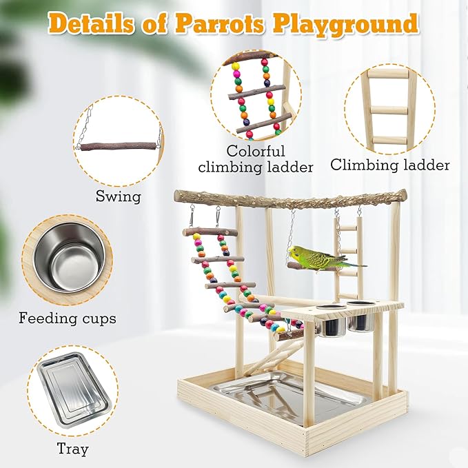 Hamiledyi Bird Playground Parrots Wood Perch Stand Cockatiel Playground Bird Play Gym Colours Climb Ladders Swing Chewing Toys with Parakeet Feeding Cups Exercise Activity Center for Lovebirds Conure-Mewly Pet