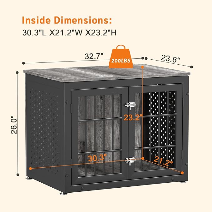 32" Heavy Duty Dog Crate Furniture for Small and Medium Dogs, Metal Kennel for High Anxiety Dogs, Chew Proof Pet Cage Indoor, Decorative Dog Kennel End Table-Mewly Pet