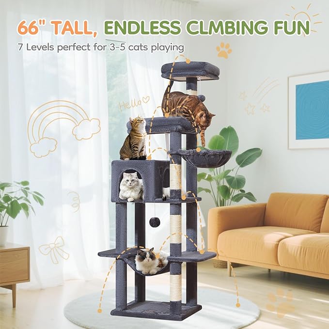 Taoqimiao MS042G Cat Tree,66-inch Large Cat Tower with Scratching Posts, Luxurious Large Platform for Big Cats with Soft Hammock, Adjustable Basket, Deluxe Cat Cando, Top Perch Smoke Gray-Mewly Pet