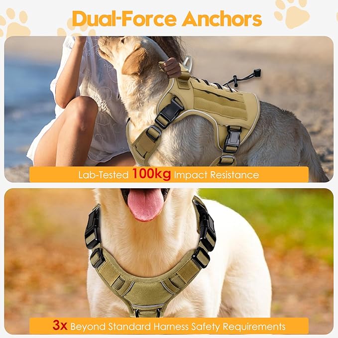 Heavy-Duty Tactical Dog Harness for Large Dogs, No Pull Adjustable Reflective Pet Vest with Molle System, K9 Military-Grade Control for Service Training, Outdoor & 10+ Breeds, Khaki, X-Large-Mewly Pet