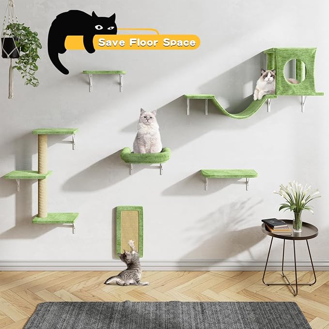 NUNU LAB Wall Mounted Cat Furniture, 6 Pcs Cat Wall Shelves with Condo House, Bridge, Steps, Scratcher, Hammock, Indoor Safe & Stable Furniture for Kittens Play, Green-Mewly Pet