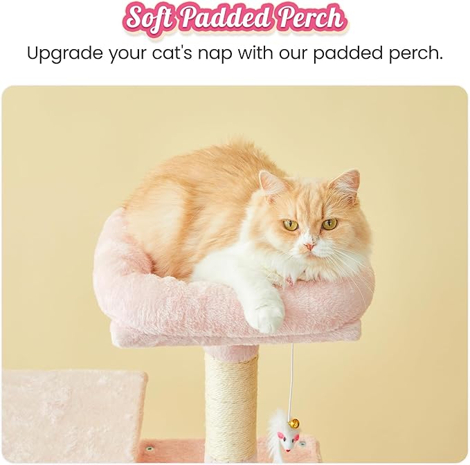MWPO 63.8-Inch Pink Cat Tree for Indoor Cats, Multi-Level Cat Tower with Sisal-Covered Scratching Posts, Padded Platform, Hammock, Dangling Toys, Stable Cat Condo Pet Play House-Mewly Pet