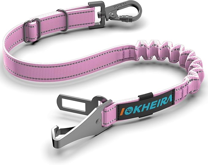 IOKHEIRA Dog Seat Belt 3-in-1 Car Harness for Dogs Adjustable Safety Seatbelt for Car Nylon Reflective Bungee Fabric Dog Car Harness with Clip Hook Latch & Buckle, Swivel Zinc Alloy Carabiner (Pink)-Mewly Pet
