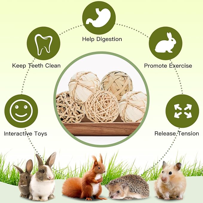 8 Pack Small Pet Chew Toys - 7cm Natural Woven Balls for Rabbits, Guinea Pigs, Hamsters (2 Seagrass, 2 Rattan, 2 Corn Husk, 2 Seaweed Rope) - Safe Dental Grinding Toys-Mewly Pet