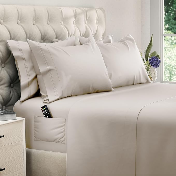 DREAMCARE Queen Sheet Set – 6 pcs Cooling Bed Sheets – up to 15” Deep Sheets Queen Size Bed Set – 2500 Supreme Collection – Extra Soft 100% Brushed Microfiber Hotel Luxury with Side Pocket – Beige