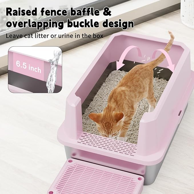 RIZZARI Stainless Steel Cat Litter Box, Semi-Closed Litter Box with High Edges, Large Odorless Litter Pan with for Small to Large Cats (Pink, 1 Pack)-Mewly Pet