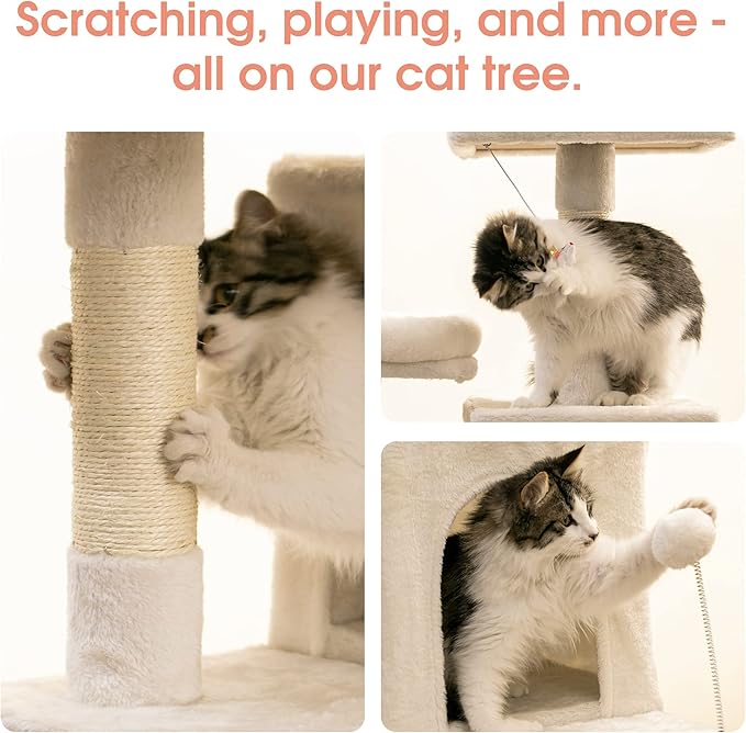 MWPO 70.1-Inch Large Cat Tree, Multi-Level Tall Cat Tower for Indoor Cats, Plush Cat Condo with Big Padded Perches, Sisal-Covered Scratching Posts, Hammock, Toys for Kittens & Cats - Beige-Mewly Pet