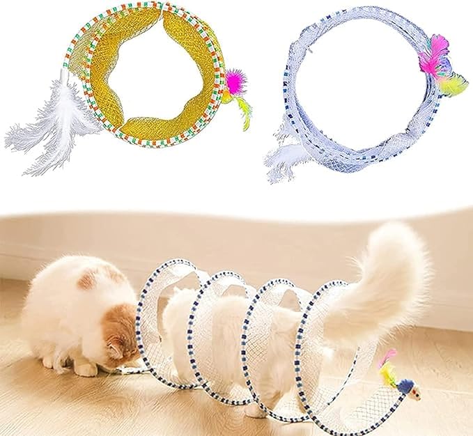 Folded Cat Tunnel Toy for Indoor Cats, 2 PCS Collapsible Pet Spring Cat Toys with Feather Mouse Upgrade Interactive Toy Playing Tent for Puppy Kitten Accessories Home-Mewly Pet