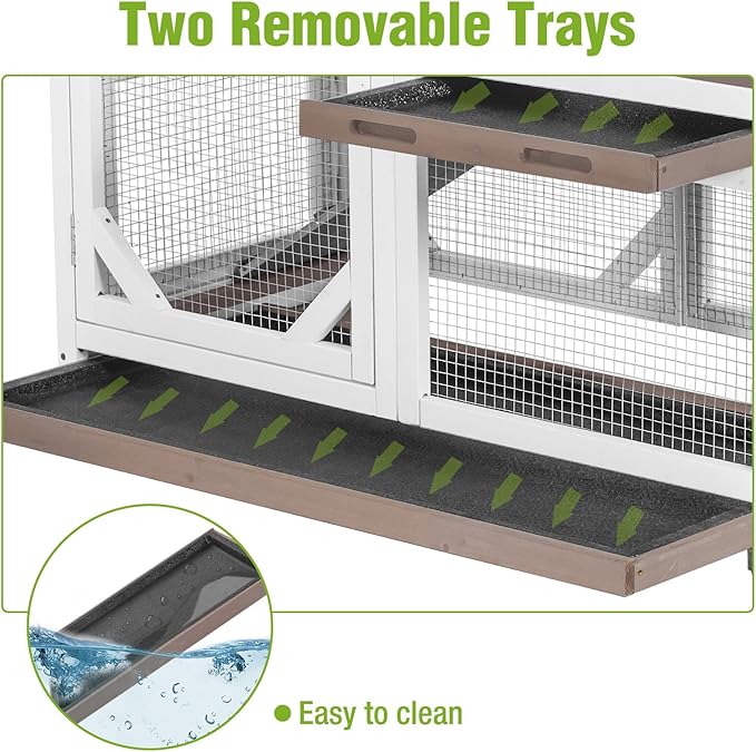 Wooden Rabbit Hutch with Two Story, Bunny Cage with Leak-Proof Trays, and Chew-Proof Ramp, Guinea Pig Cage with Wheels, Suitable for Indoor/Outdoor Use (Brown)-Mewly Pet