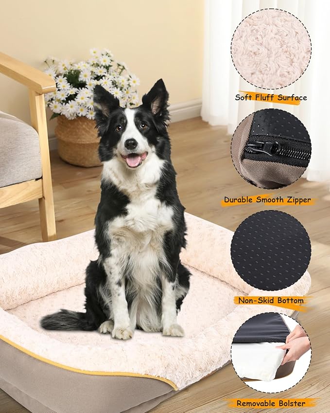 Washable Orthopedic Dog Bed for Medium Dogs, Waterproof Dog Bed with Bolster, Big Couch Sofa with Removable Cover & Non-Slip Bottom-Mewly Pet