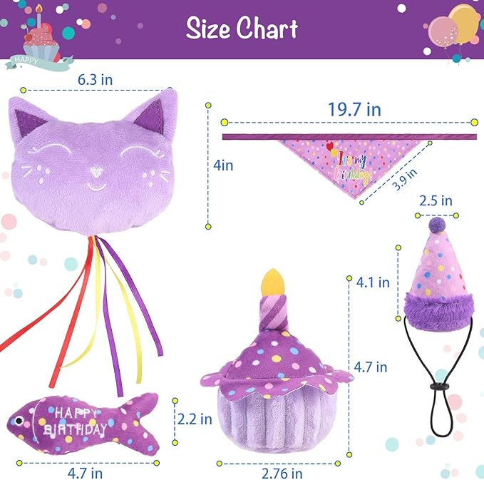BINGPET Cat Birthday Catnip Toys for Indoor Cats,Cat Birthday Hat,Bandana and Cat Birthday Cake Interactive Plush Kitten Chew Toys,Cute Fish,Balloon Toys with Crinkle Paper and Catnip Inside(Purple)-Mewly Pet