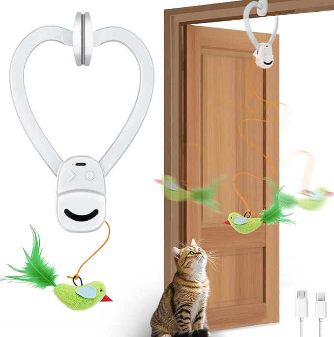 Interactive Cat Toys for Indoor Cats Automatic Electric Flying Bird Feather Wand Toy - Best Kitten & Adult Cat Enrichment Stimulation Toy Hanging Electric Kitty Toys for Bored Cats（Bright White）-Mewly Pet