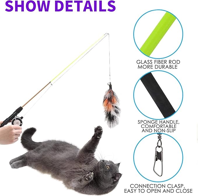 Retractable Cat Teaser Wand Toy, Cat Toys for Indoor Outdoor Cats Interactive Fishing Rod with 8 Pcs Refills Feather Toy, Plush Mouse Caterpillar & Fish-Mewly Pet