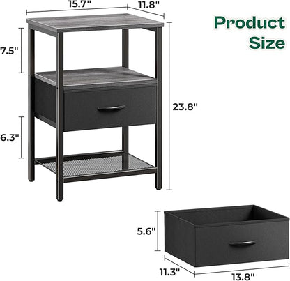 Huuger Night Stand with Fabric Drawer, Side Table with Mesh Shelf, Bedroom Nightstand, Fabric Drawer Dresser, Open Shelf, Metal Frame, Couch Side, Charcoal Gray