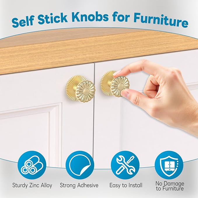 Self Adhesive Drawer Knobs, Self Stick Door Pull Handles, Zinc Alloy No Drilling Cabinet Knobs for Drawer, Closet, Window, Dresser, Sliding Barn/Glass Shower/Balcony Door (1, Gold)