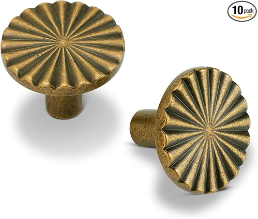10 Pack Kitchen Cabinet Knobs Round Sunflower Dresser Knob Modern Drawer Hardware Cupboard Handles Furniture Knob for Bathroom Single Hole Knobs for Wardrobe Antique Brass TYH-AB-K10