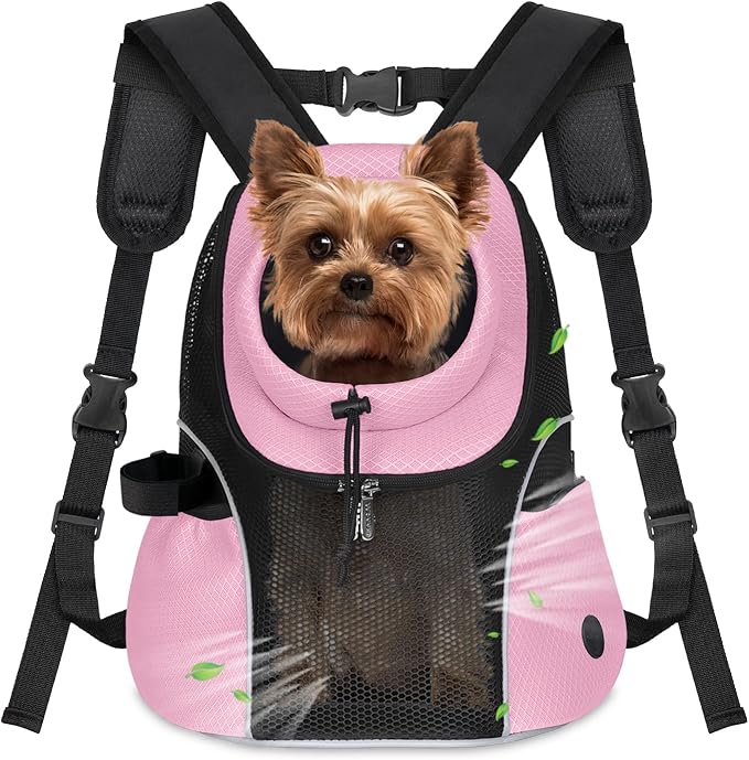 WOYYHO Pet Dog Carrier Backpack Small Dog Front Backpack Ventilated Mesh Dog Travel Back Pack with Safety Belt for Travel Hiking Cycling Outdoor Adventures (Size S: 2-4.5 lbs, Pink)-Mewly Pet