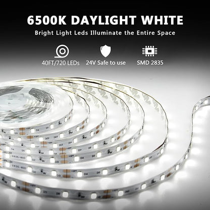 dalattin White LED Strip Lights, 40ft Dimmable LED Light Strip 6500K Bright Daylight White 24V, 720 LEDs 2835 Tape Lights for Bedroom, Kitchen, Mirror, Home Decoration(2 * 20ft)