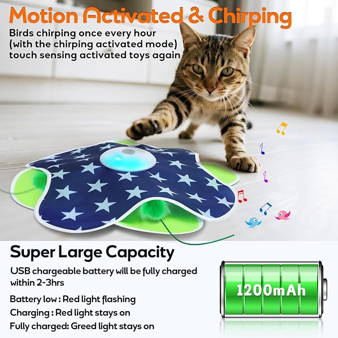 Interactive Cat Toys Auto Moving Feather Concealed in Mat,Motion Activated Cat Toys with Mouse Squeaky, Cat Exercise Toys for Bored Cats-Mewly Pet