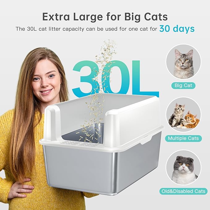 Stainless Steel Litter Box with Lid, 14” XL Stainless Steel Cat Litter Box Enclosure, Extra Large Metal Cat Box, Non-Sticky, Anti Leakage, Easy Cleaning Litter Pan, Include Scoop-Mewly Pet