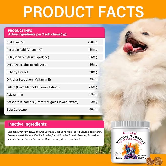 Eye Supplements for Dogs - Vision Support Soft Chews with Lutein, DHA & Vitamin C | 120ct Salmon Flavor Tear Stain Chews | Cataract & Dry Eye Relief Supplement (120 Ct, Salmon)-Mewly Pet