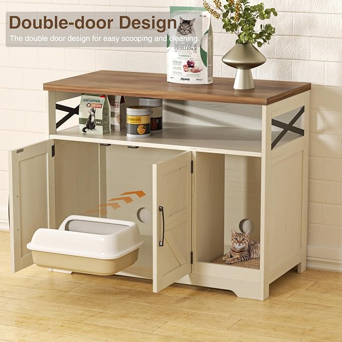 Cat Litter Box Enclosure, Hidden Litter Box Furniture with Scratch Pad, Farmhouse Indoor Cat House Washroom End Table, White-Mewly Pet
