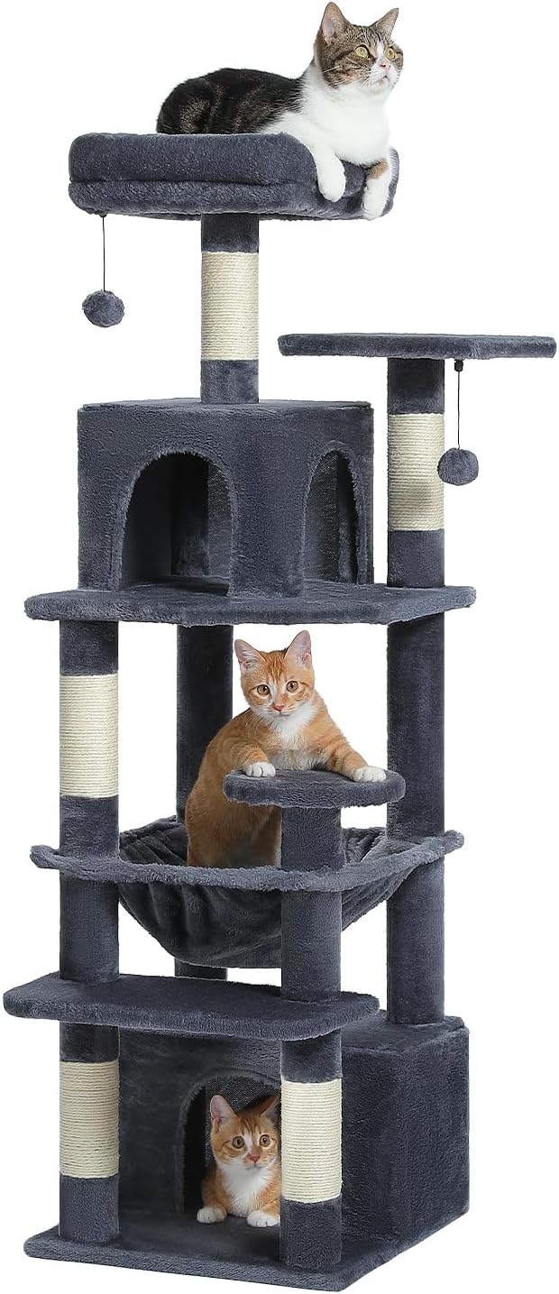 PAWZ Road Cat Tree, 53.5 Inches Tall Cat Tower with Spacious Hammocks, Condos and Scratching Posts, Cat House with Dual Padded Perches for Indoor Large Cats-Dark Gray-Mewly Pet