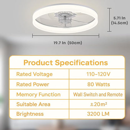 20'' Ceiling Fan with Light, Upgraded Low Profile Fan, Flush Mount Ceiling Fan, 6 Speeds, Dimmable LED, App & Remote Control, Quiet DC Motor, for Bedroom, Living Room, F116 White