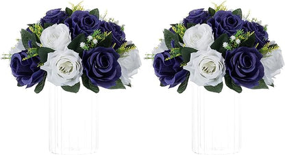 NUPTIO Artificial Flower Centrepieces for Tables - 2 Pcs 9.5in Diameter Navy Blue & White Fake Flowers Roses Balls - Silk Faux Rose Arrangement for Wedding Party Centerpiece Table Decorations