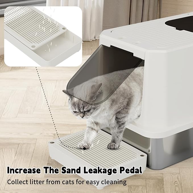 RIZZARI Stainless Steel Cat Litter Box, Enclosed Top-Entry Design, Large Capacity High-Sided Leak Proof Litter Pan for Cats, Easy Clean Pet Toilet (Beige, with Cat Litter)-Mewly Pet