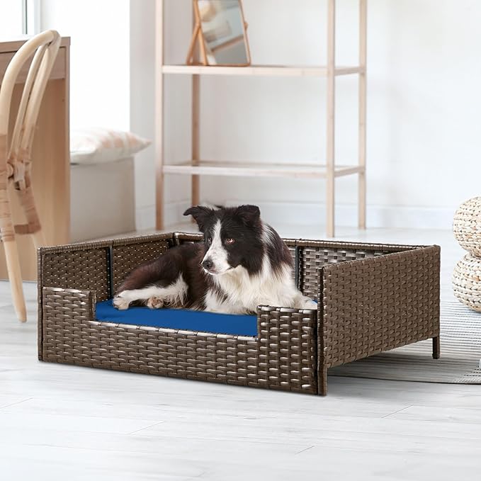 YITAHOME Rattan Dog Sofa Bed with Cushion,Wicker Pet Bed Sofa Couch Indoor Outdoor Water Resistant for Large Medium Small Dogs Cats (34.6''L*23.6''W*11.8'',Blue)-Mewly Pet