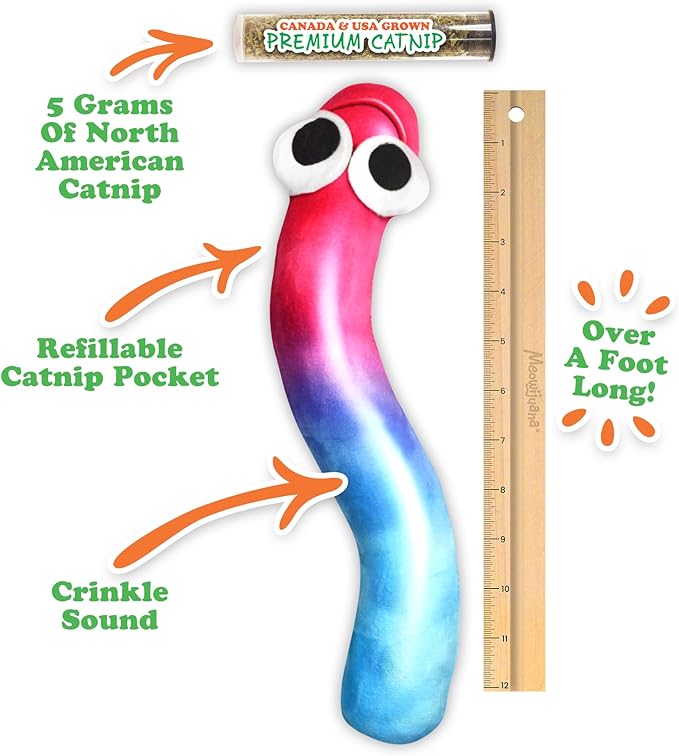 Meowijuana Kicker Toy for Cats | Get Kickin' Gummy Worm | Refillable Kicker Catnip Toy | Promotes Play and Cat Health | Includes Potent Hand Harvested Catnip Grown in North America-Mewly Pet