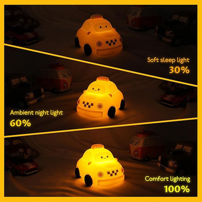 Car Night Light for Kids - 2-in-1 Dimmer & Timer, Rechargeable Squishy Silicone Baby Lamp, Cute Taxi Car Nightlight for Boys Girls Birthday Xmas Gifts Bedroom Decor Lamp