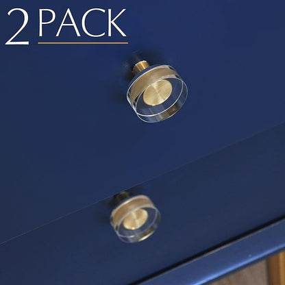 JEREVER 2 Pack Glass Crystal Knobs Brass Drawer Pull Cabinet Handle Gold Furniture Hardware for Dresser Kitchen (Round)