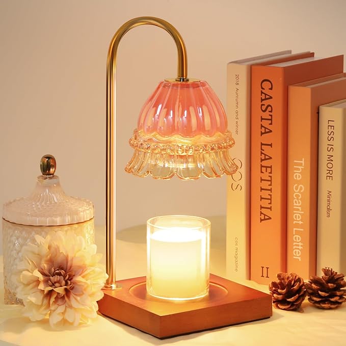 Candle Warmer Lamp, Candle Lamp Wax Warmer, Timer & Dimmer 7-Levels, Compatible All Jar Candles, Top Melting, Glass Candle Heater Lamp for Scented Wax, Elegant Home Decoration, Pink Flower