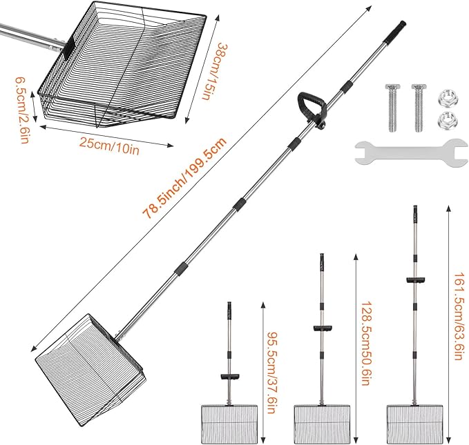 15 inch Large Chicken Poop Scooper with Ergonomic Grip, 6 in 1 Detachable Chicken Scooper for Poop Shovel (20 to 79"), Stainless Steel Sifting Shovel for Chicken Coop/Goat Stall/Stable Cleaning Tool-Mewly Pet