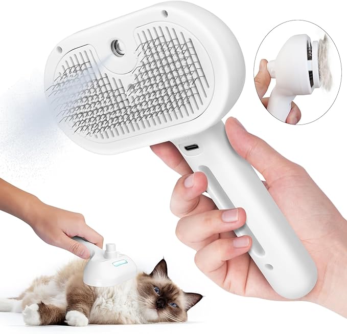 Cat Steam Brush, 3 In 1 Steamy Cat Brush with Release Button and Tank, Anti-Static Pet Spray Hair Removal Comb, Rechargeable Dog Steam Comb for Furry Pet-Mewly Pet