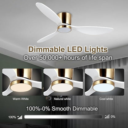 reiga 52 Inch Flush Mount White Ceiling Fan with Light Remote Control, Quiet DC Motor Low Profile 3 Wood Blade Modern Ceiling Fans for Patio Kitchen Living Room Bedroom