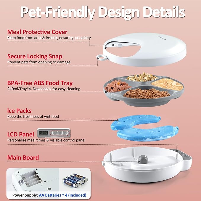 Automatic Cat Feeder Wet Food, Battery Operated Auto Wet/Dry Food Feeder with 2 Ice Packs, Cordless Programmable Timer Pet Auto Dispenser for Cat and Small & Medium Dog (4-Meals & Battery Included)-Mewly Pet