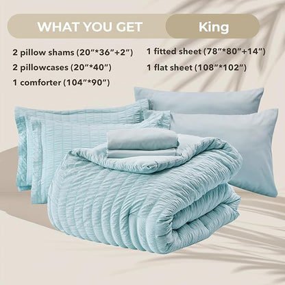HYMOKEGE Lake Blue King Size Comforter Set Seersucker 7 Pieces, All Season Luxury Bed in a Bag for Bedroom, Bedding Set with Comforters, Sheets, Pillowcases & Shams