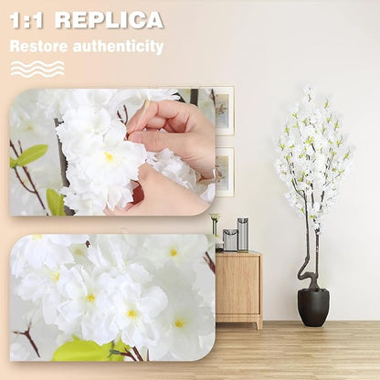 7.2 ft White Artificial Cherry Blossom Tree for Home Decor, Nearly Nature Faux Silk Flower Tree Indoor, Fake Realistic White Flowering Plant for Living Room Wedding Office Decorations
